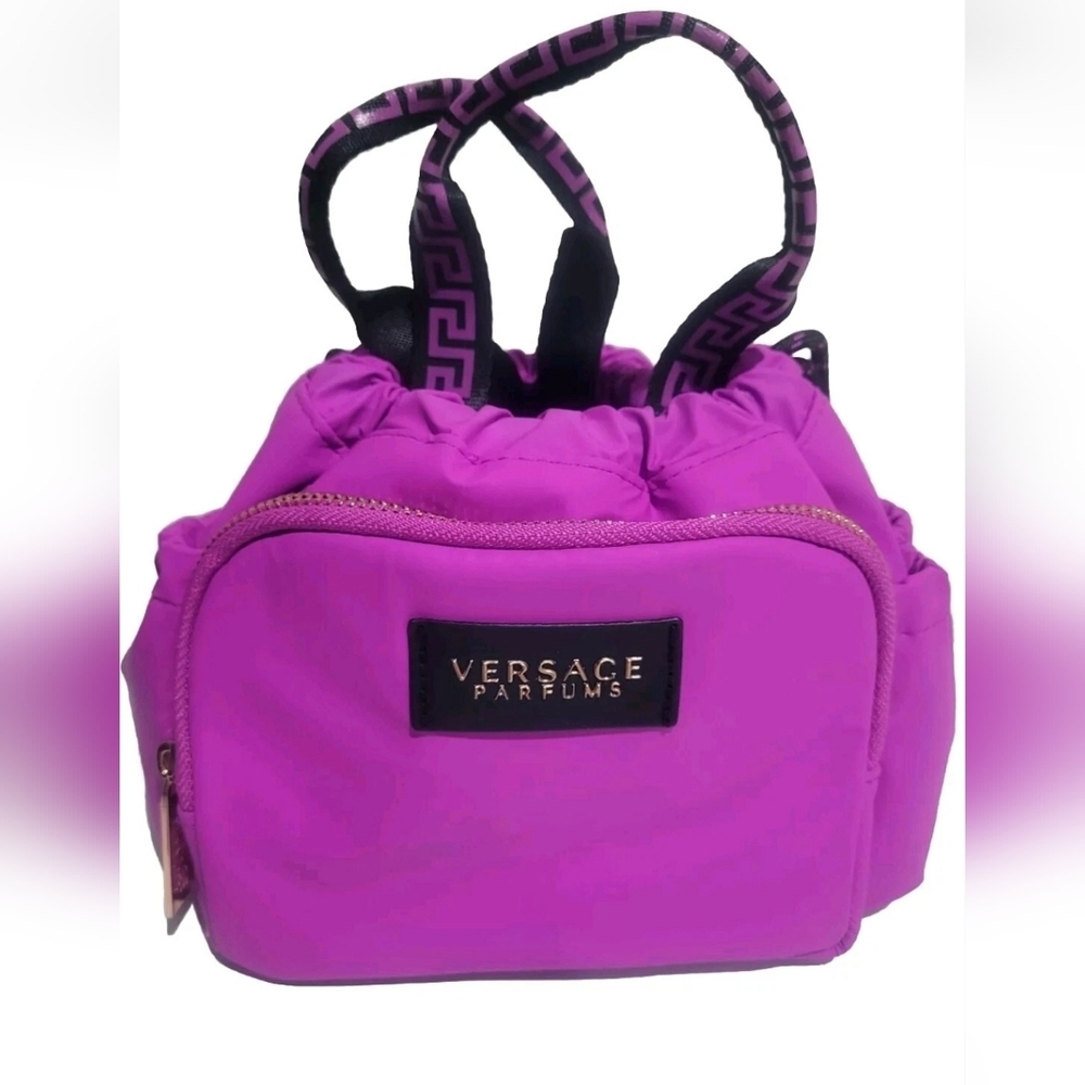 Authentic VERSACE Fuchsia Pink Drawstring Tote Purse Handbag Makeup Bag Carryall